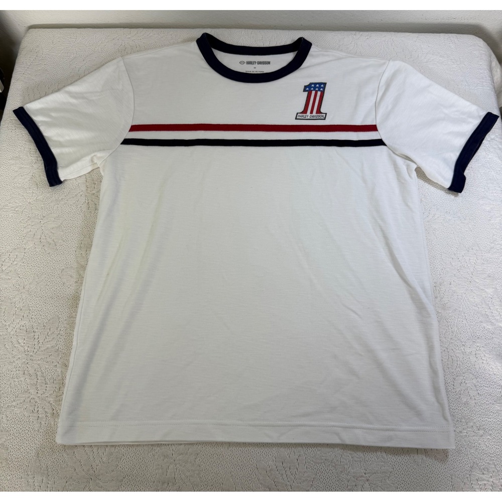 Harley Davidson Mens White Ringer T-Shirt Navy Trim Patriotic #1 Logo Size M